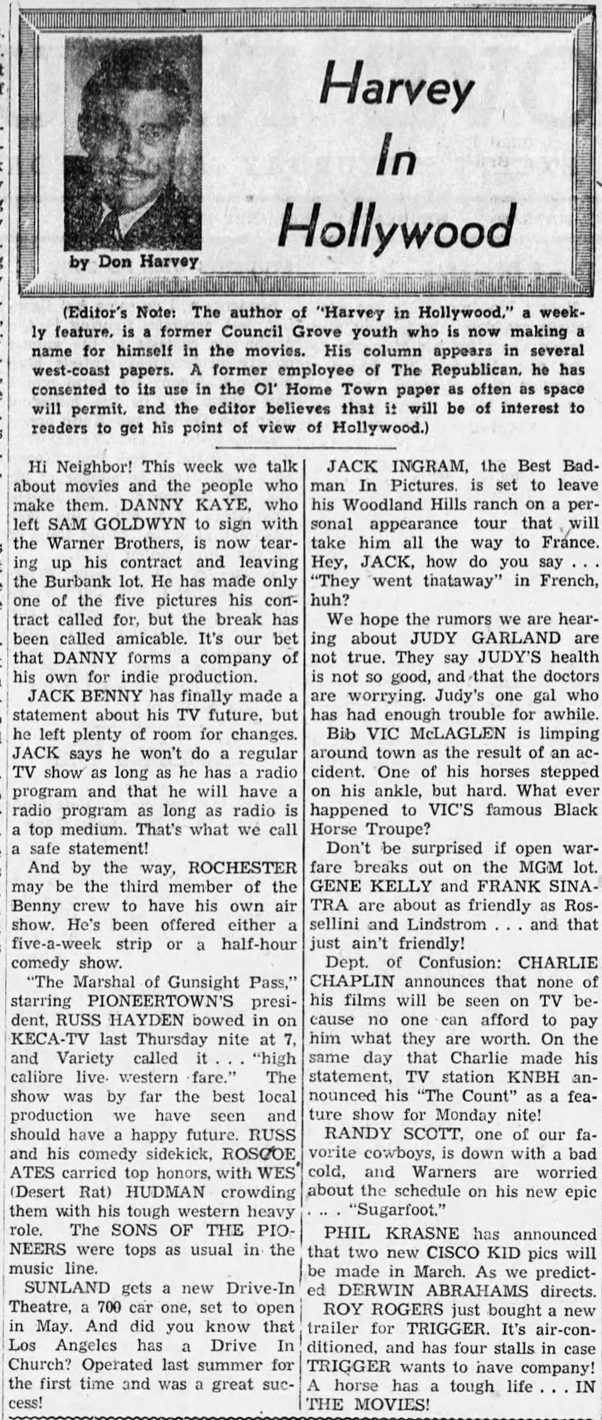 Harvey in Hollywood Feb. 22, 1950 article clipping