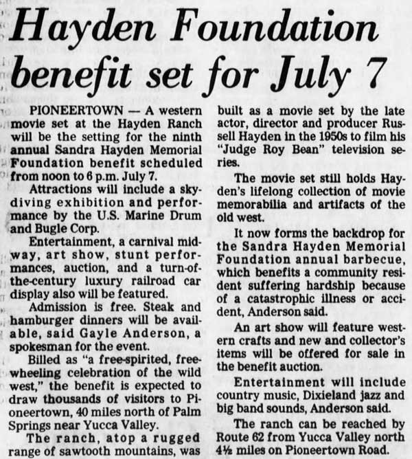 1985 Hayden Foundation Benefit article clipping