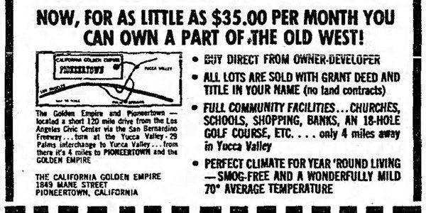 Land sale advertising image image. links to newspaper advertisements from Pioneertown.